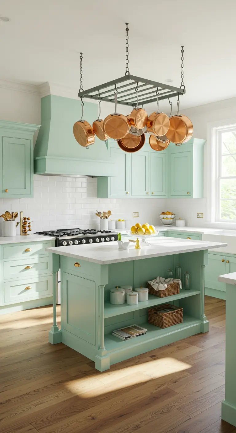 Cocina menta con isla de mármol y un soporte colgante con ollas de cobre.