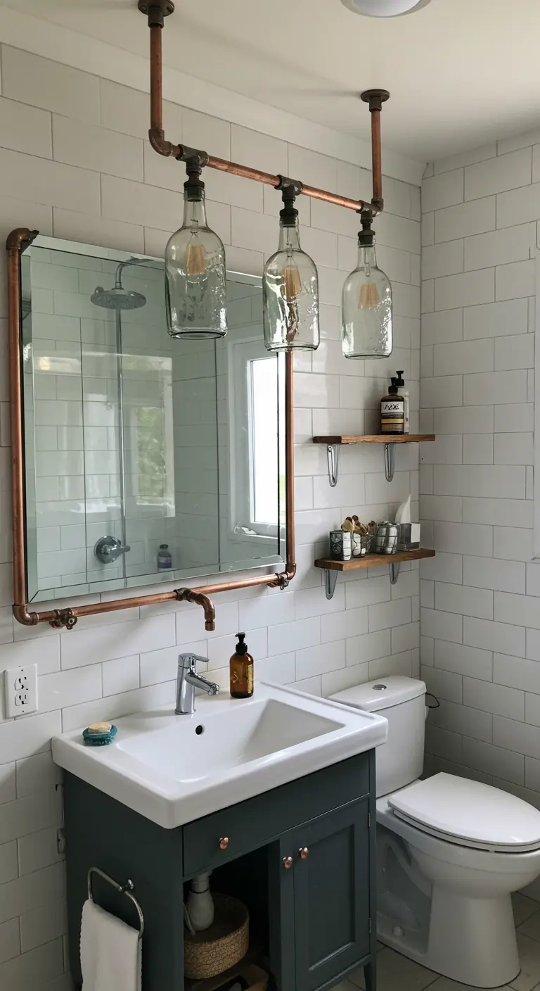 Lámpara de baño hecha con tuberías de cobre y botellas de vidrio transparente sobre un lavabo.