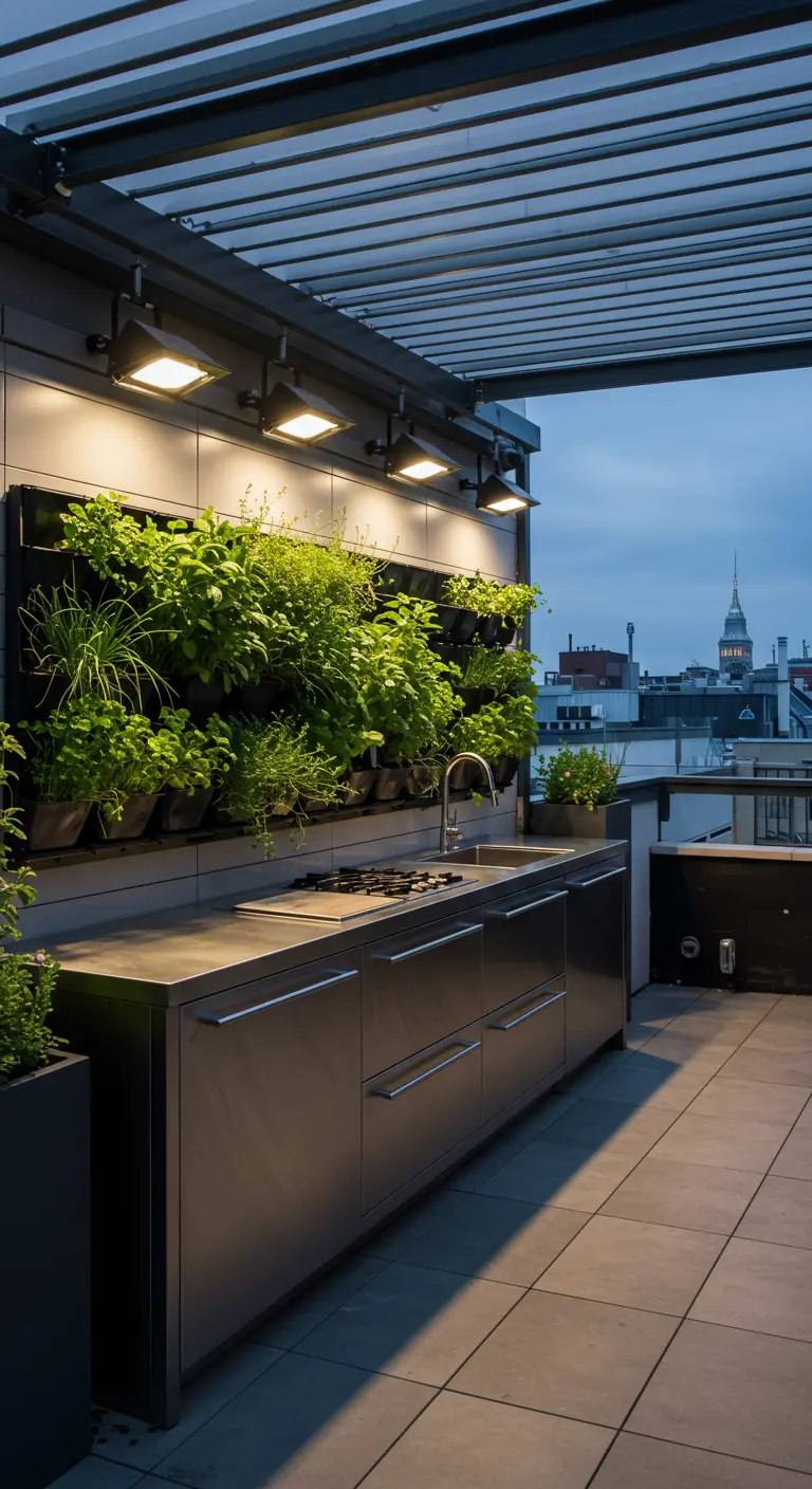 Cocina exterior en una azotea con un jardín vertical de hierbas aromáticas iluminado por focos.
