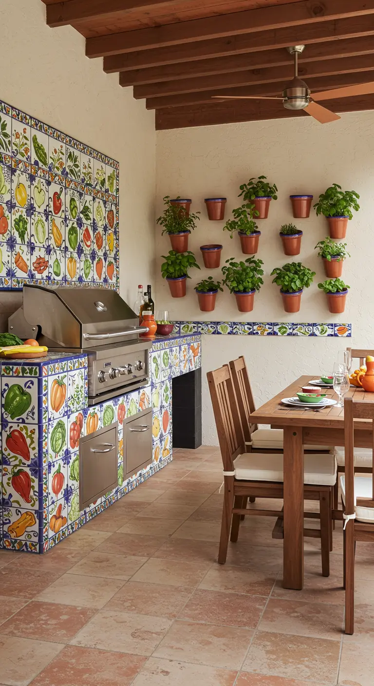 Cocina exterior con parrilla y encimeras cubiertas de azulejos de talavera con motivos de verduras.