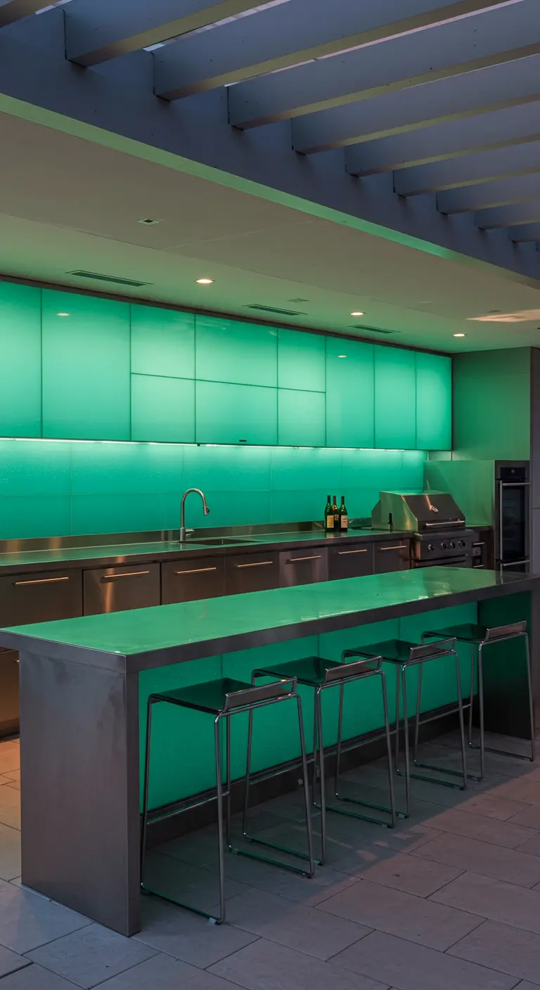 Cocina exterior moderna con encimeras de acero inoxidable y paneles retroiluminados en color verde.