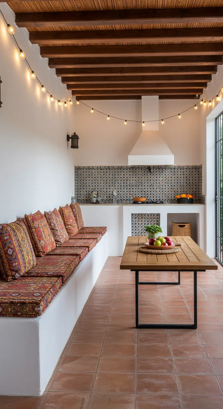 Patio con cocina exterior, banco de obra blanco con cojines étnicos y mesa de madera