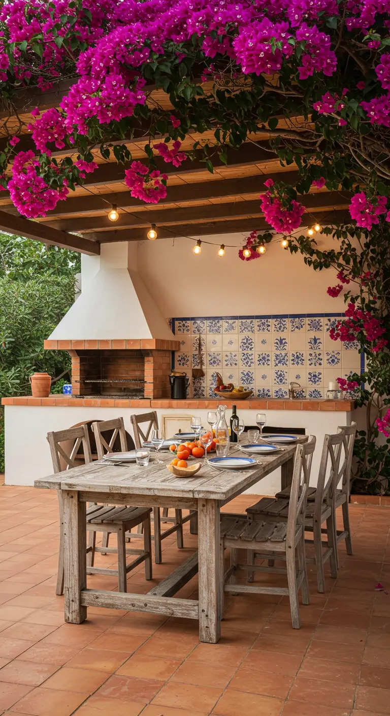 Comedor exterior con barbacoa de obra, cuyo fondo está decorado con azulejos azules y blancos.