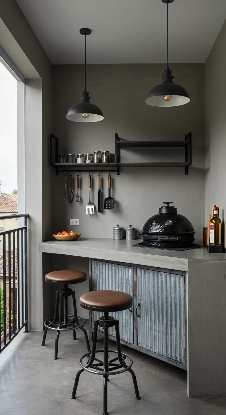 Cocina exterior en balcón con encimera de cemento y puertas de chapa ondulada.