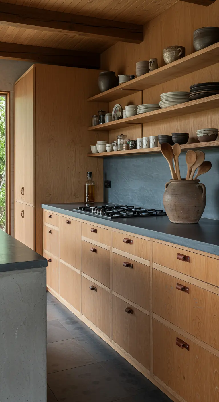 Cocina wabi-sabi con gabinetes de madera clara y estanterías con cerámica artesanal.