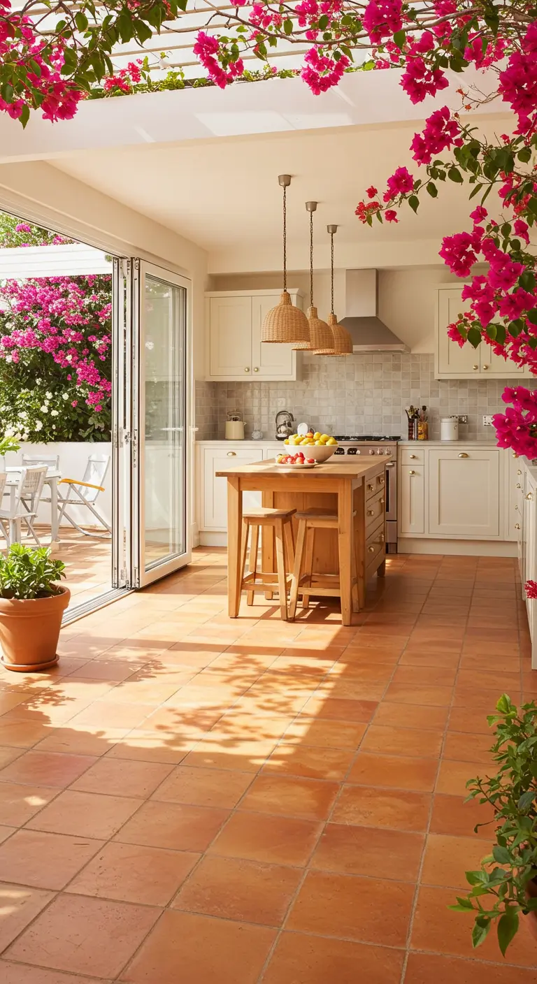 Cocina luminosa que se abre a un patio con suelo de terracota y buganvillas en flor.