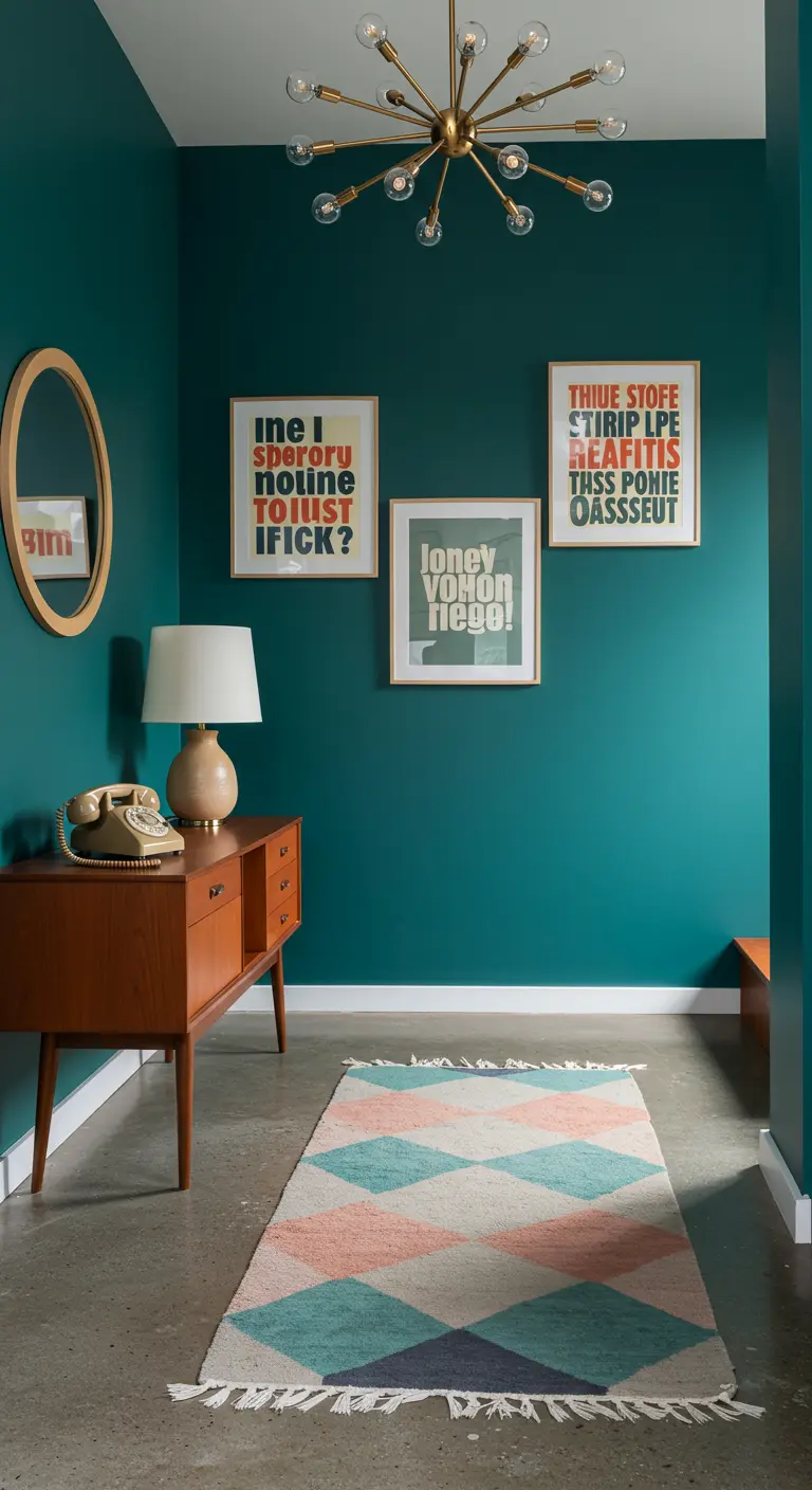 Pared verde azulado con tres cuadros tipográficos de estilo retro y una consola de madera.