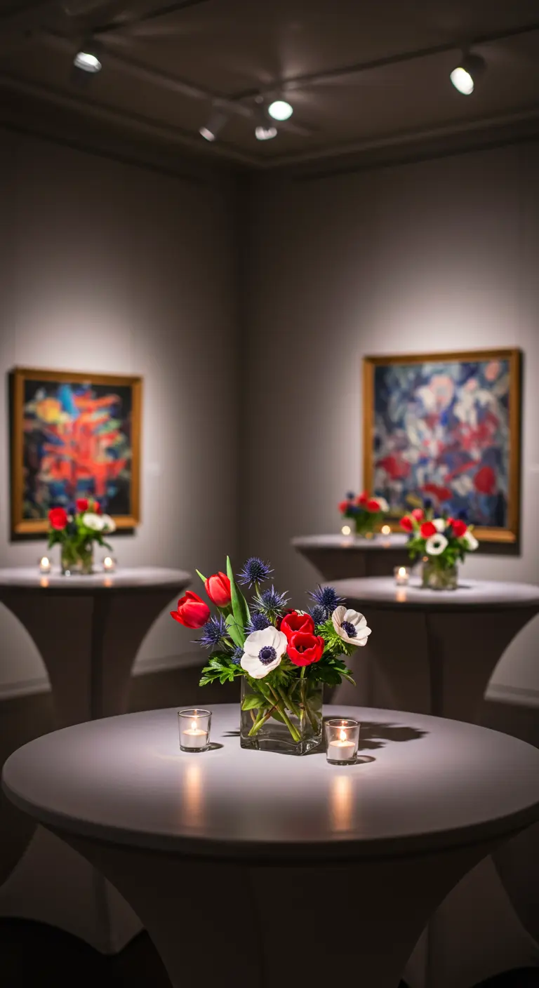 Mesa de cóctel en una galería de arte con un arreglo floral rojo, blanco y azul.