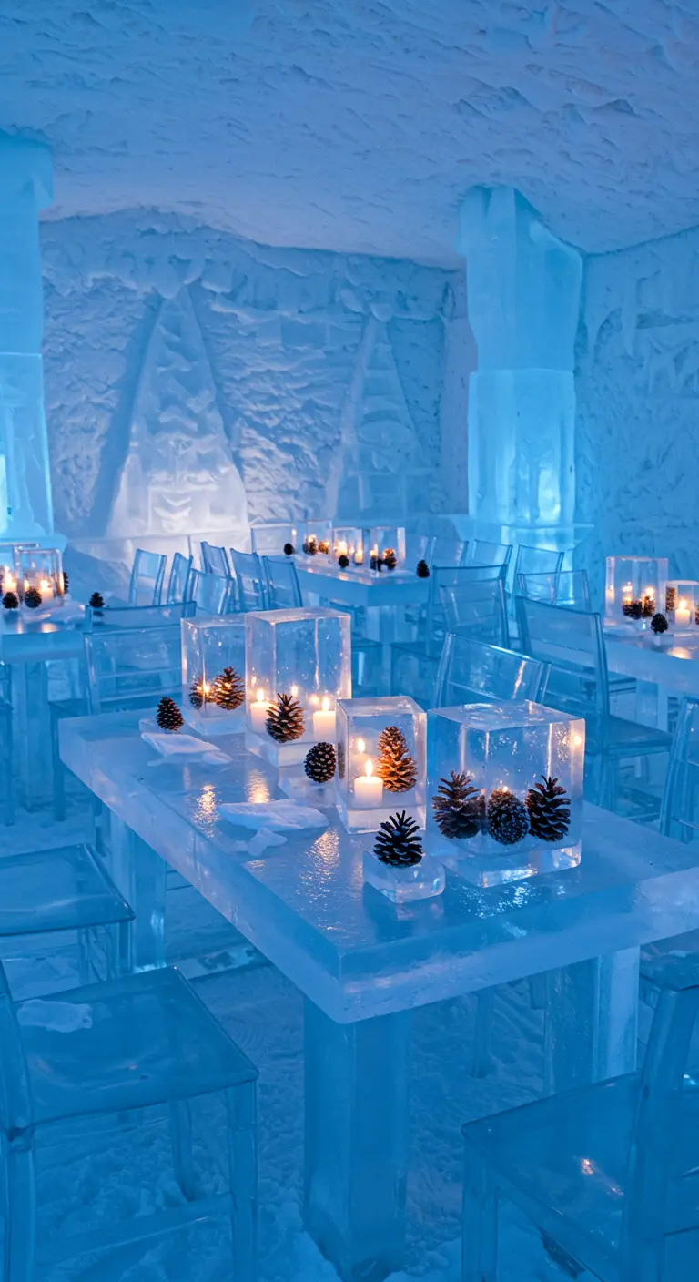 Mesas y sillas hechas de hielo iluminadas en azul, con velas y piñas como centro de mesa.