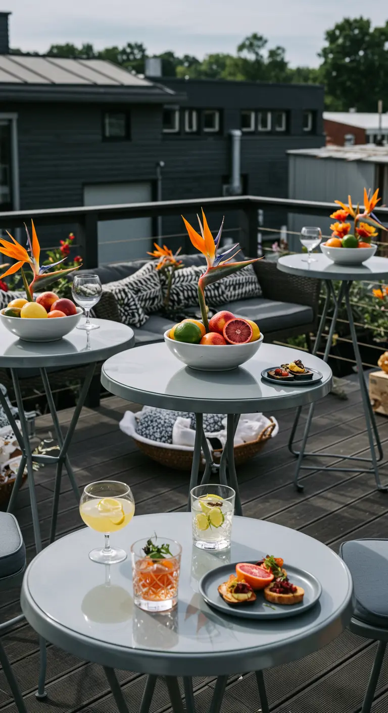 Mesas de bistró en una terraza moderna con cuencos de cítricos y flores ave del paraíso.