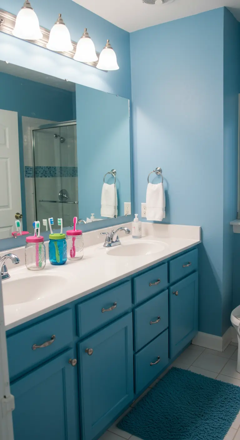 Frascos de vidrio de colores para organizar cepillos de dientes en un baño familiar.