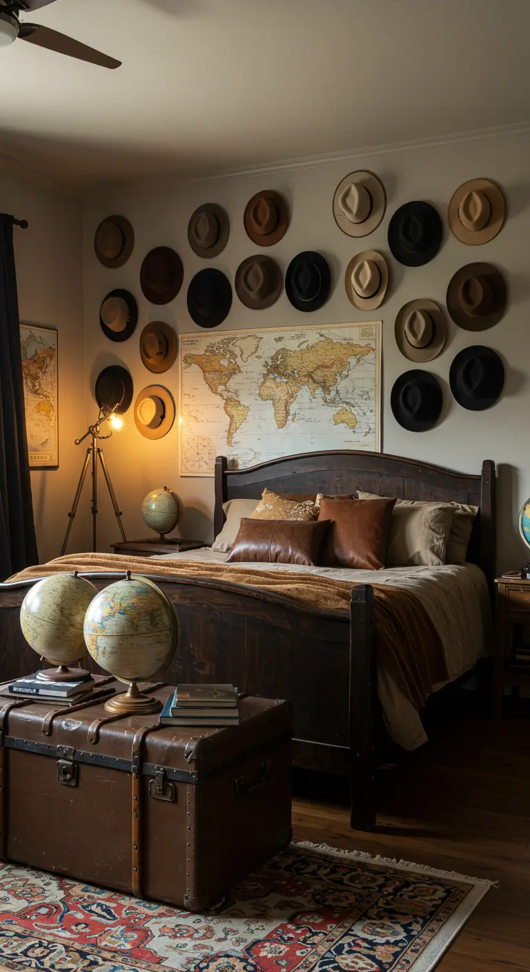 Pared decorada con una colección de sombreros de diferentes estilos y un mapa del mundo.
