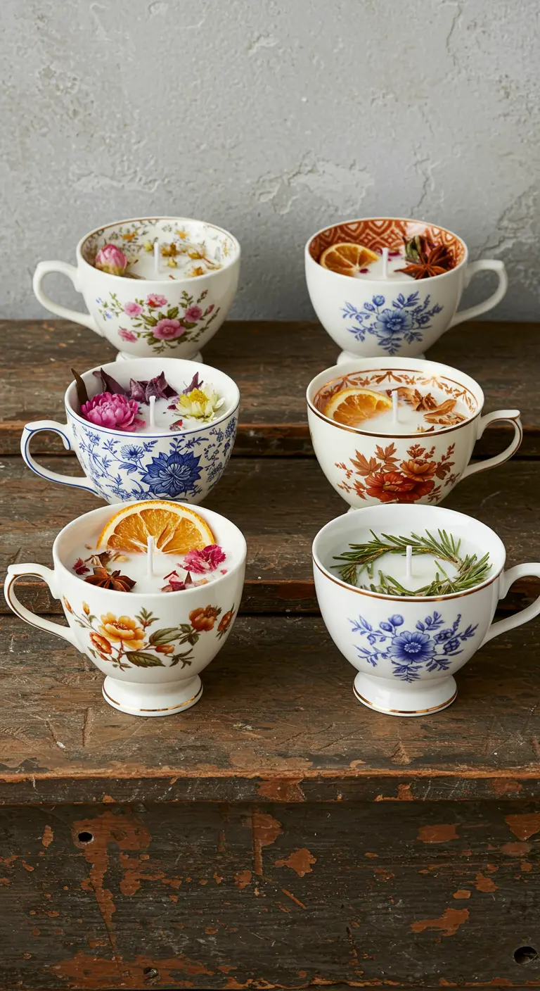 Colección de seis velas en diferentes tazas de té vintage con decoraciones naturales
