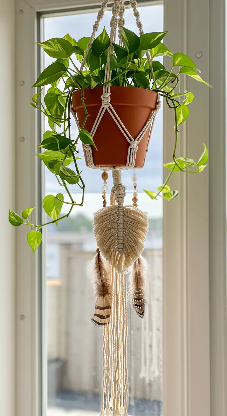 Colgador de macramé para plantas decorado con una hoja de macramé y plumas naturales