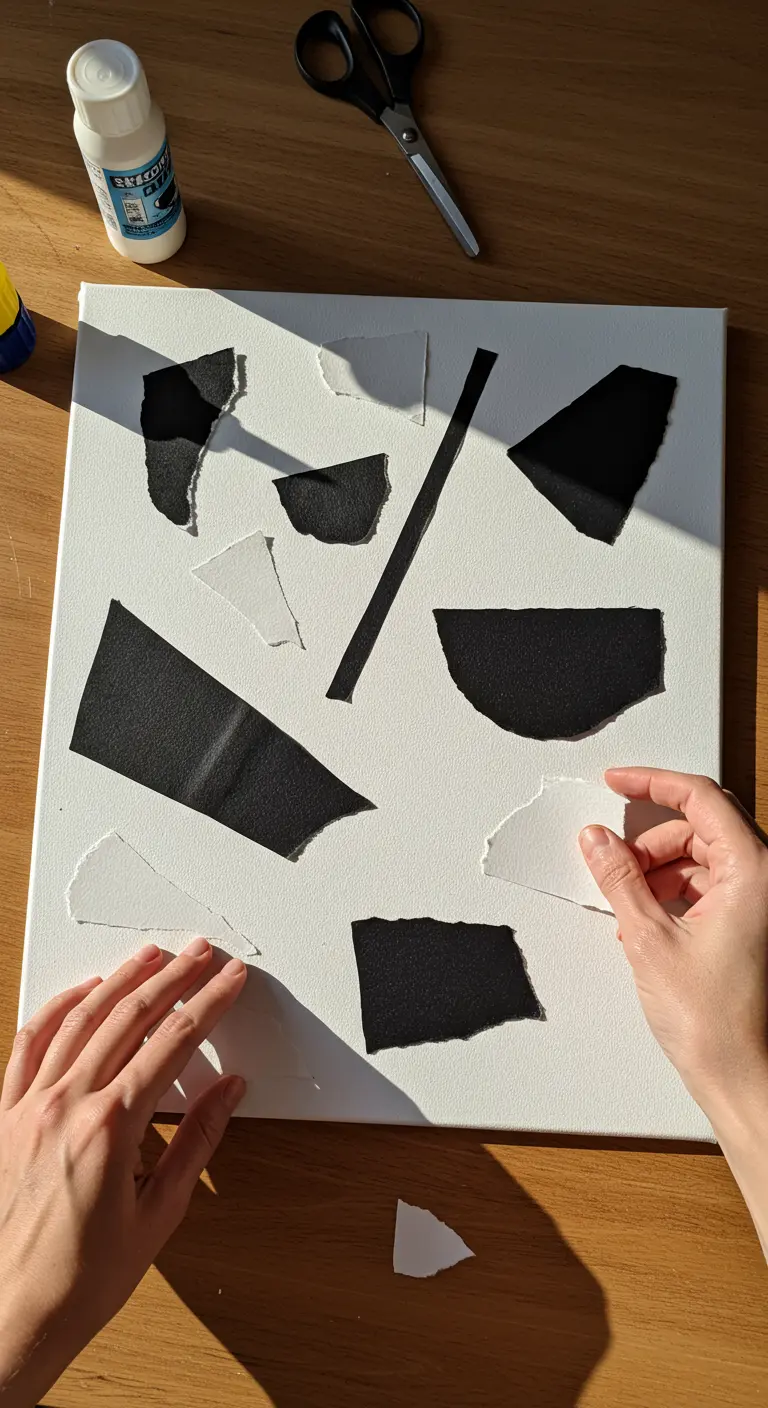 Manos organizando trozos de papel rasgado en blanco y negro sobre un lienzo para crear un collage