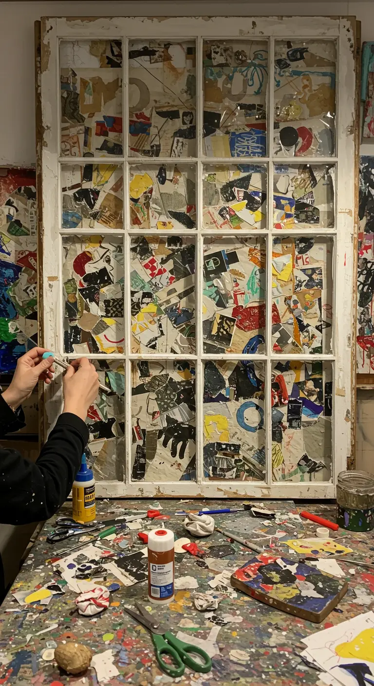 Ventana antigua convertida en un collage abstracto con recortes de papel de colores.