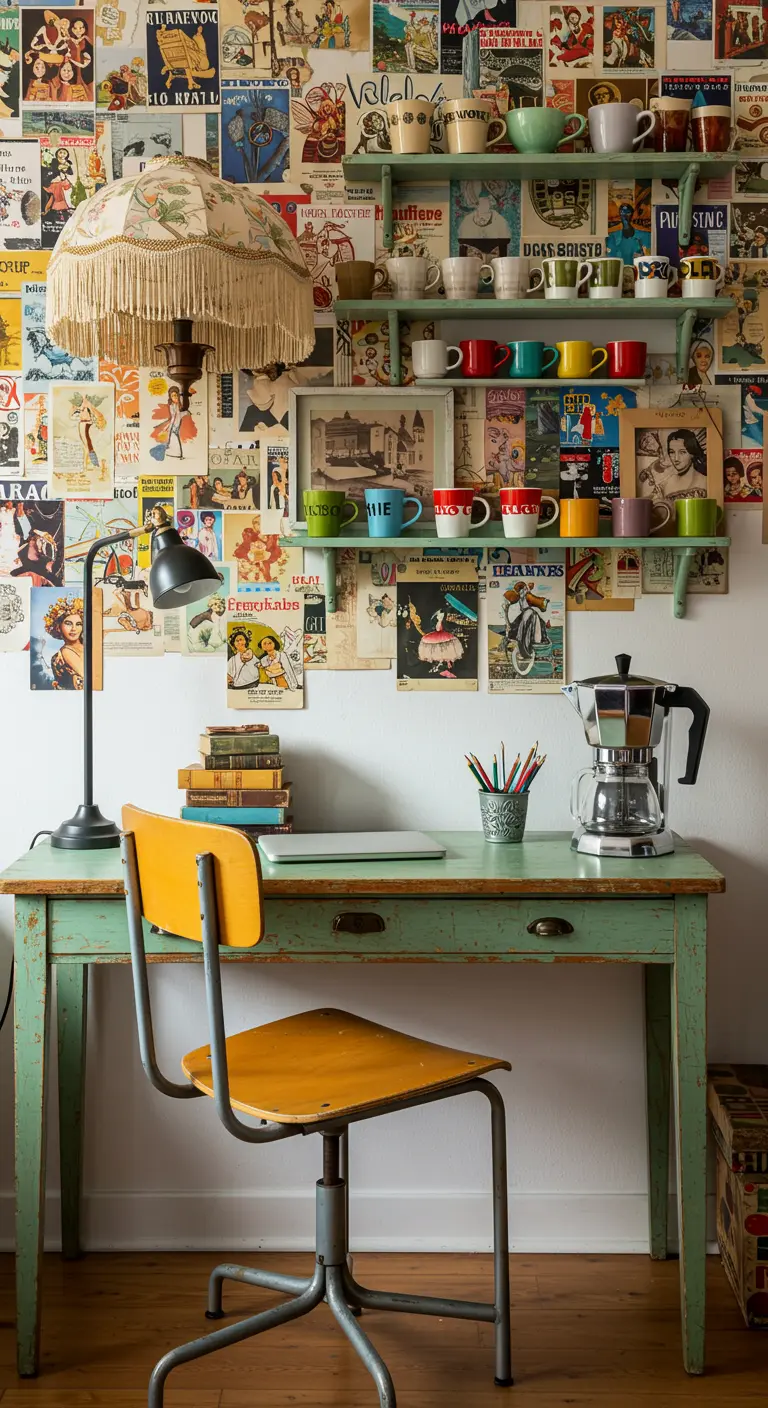 Escritorio verde con una pared cubierta de posters vintage y estantes con tazas de colores.