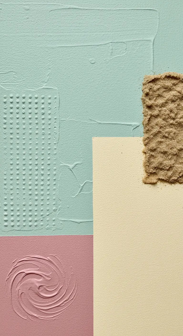 Composición abstracta con diferentes secciones de colores pastel y texturas variadas de yeso y arena