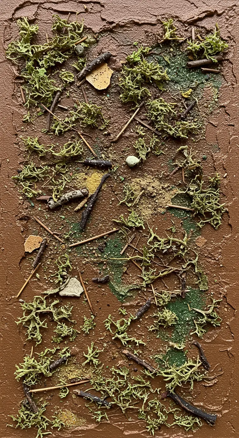 Cuadro con una base de yeso marrón y un collage de musgo, ramitas y arena