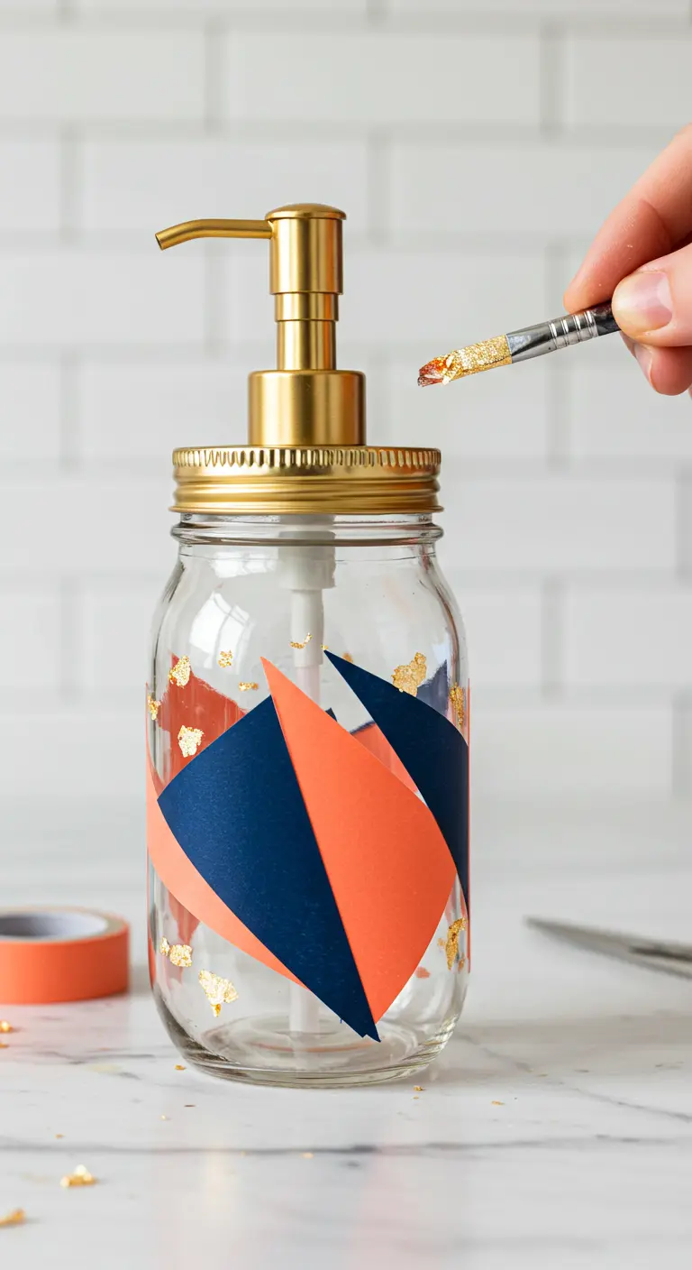 Frasco de vidrio decorado con un collage de formas geométricas y detalles de pan de oro.