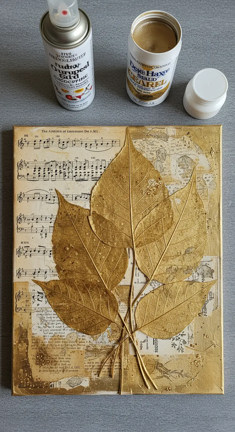 Collage sobre lienzo con partituras y hojas de esqueleto pintadas de dorado.