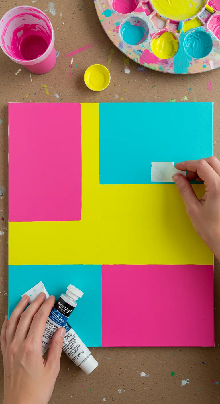 Manos retirando cinta adhesiva de un cuadro color block con pintura fucsia, amarilla y turquesa.