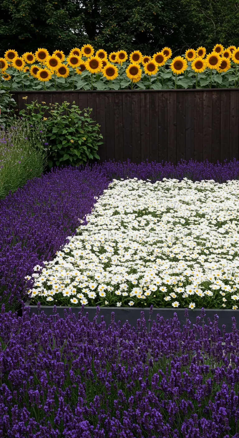 Jardín moderno con bloques de color definidos: un campo de lavanda púrpura, uno de margaritas blancas y girasoles al fondo.