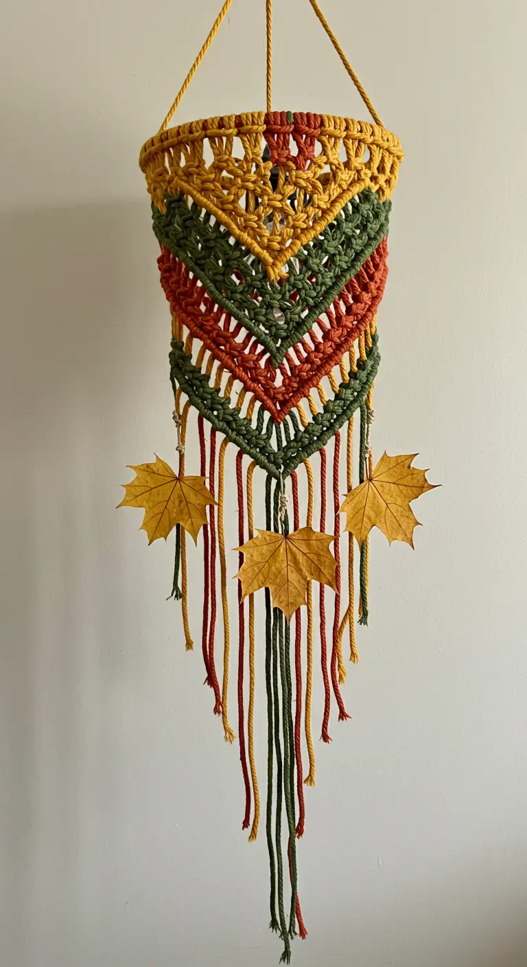 Pantalla de macramé colgante con colores otoñales y hojas secas decorativas.