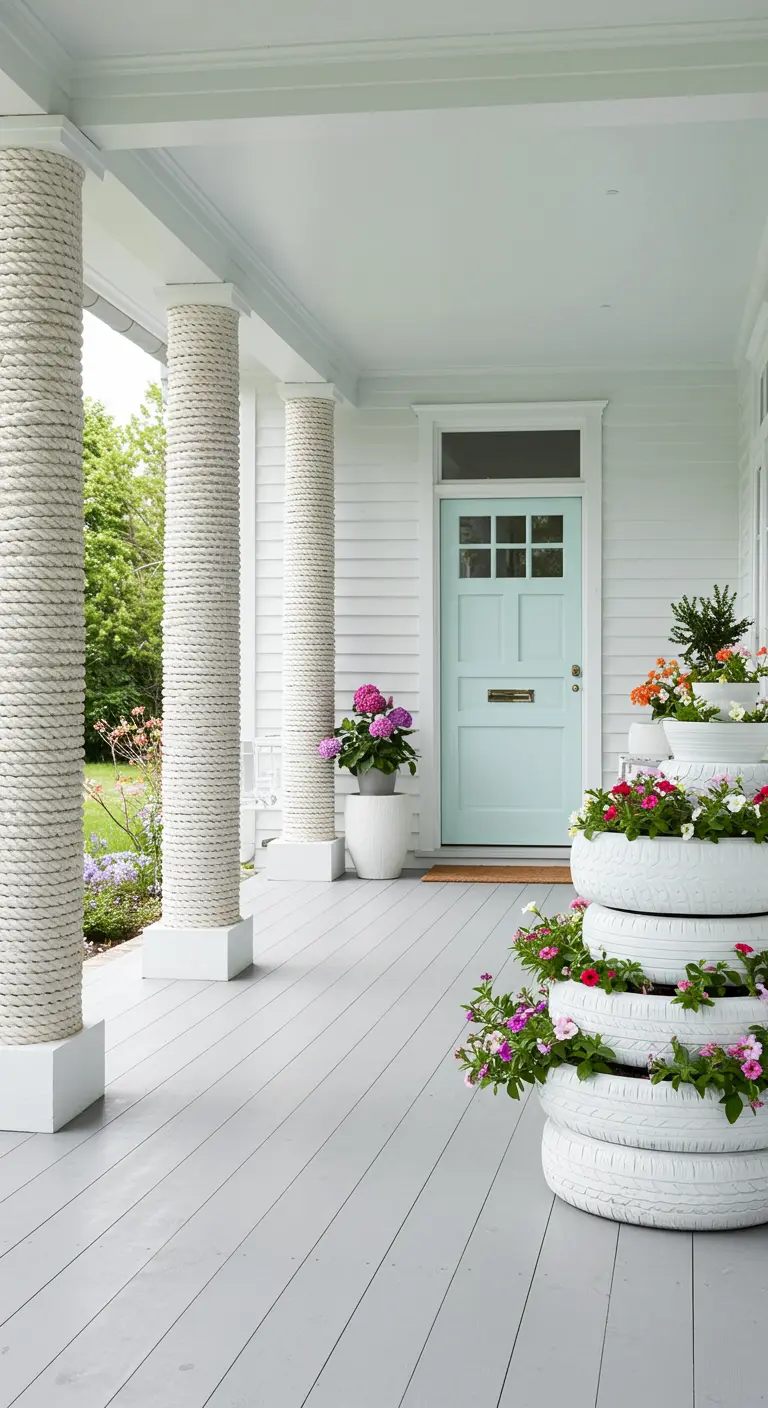 Porche blanco con columnas forradas en cuerda y maceteros hechos con neumáticos blancos apilados.