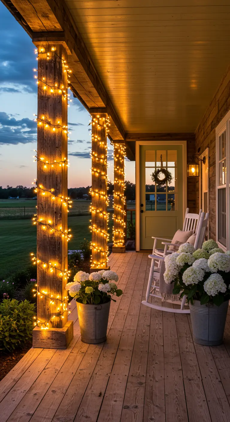 Porche rústico con columnas de madera envueltas en luces de hadas y macetas con hortensias blancas.