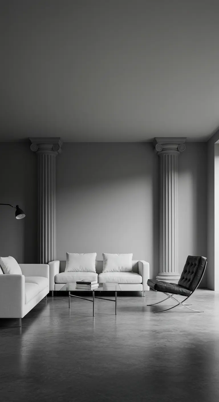 Sala de estar oscura y minimalista con dos columnas grises flanqueando un sofá blanco