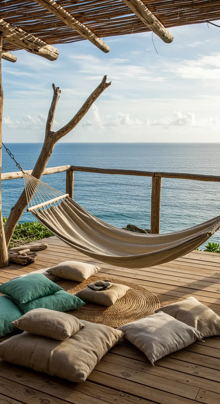 Terraza de madera con vistas al mar, una hamaca colgada y cojines en el suelo.