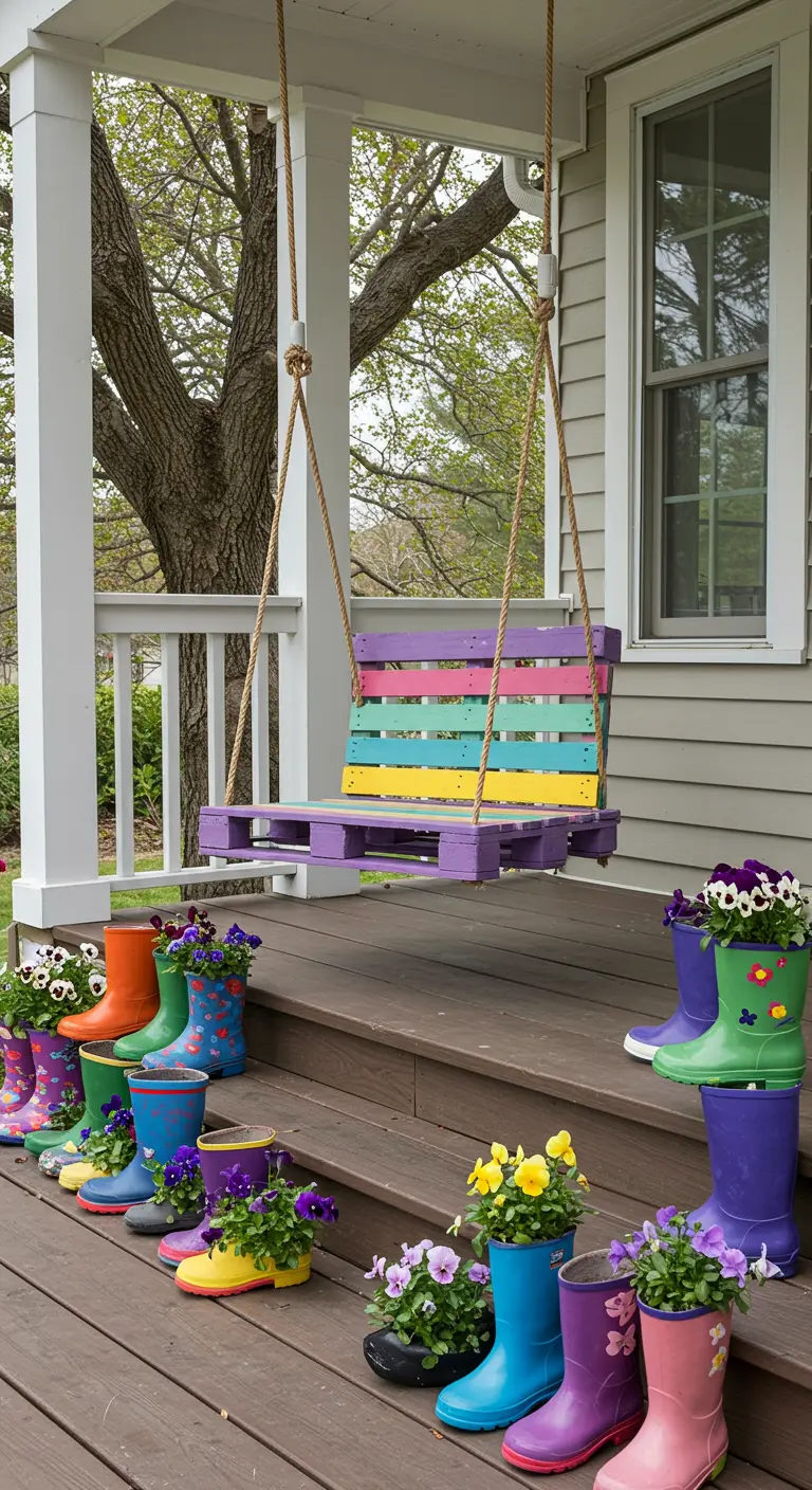 Columpio de palet pintado con los colores del arcoíris y maceteros hechos con botas de agua de colores.