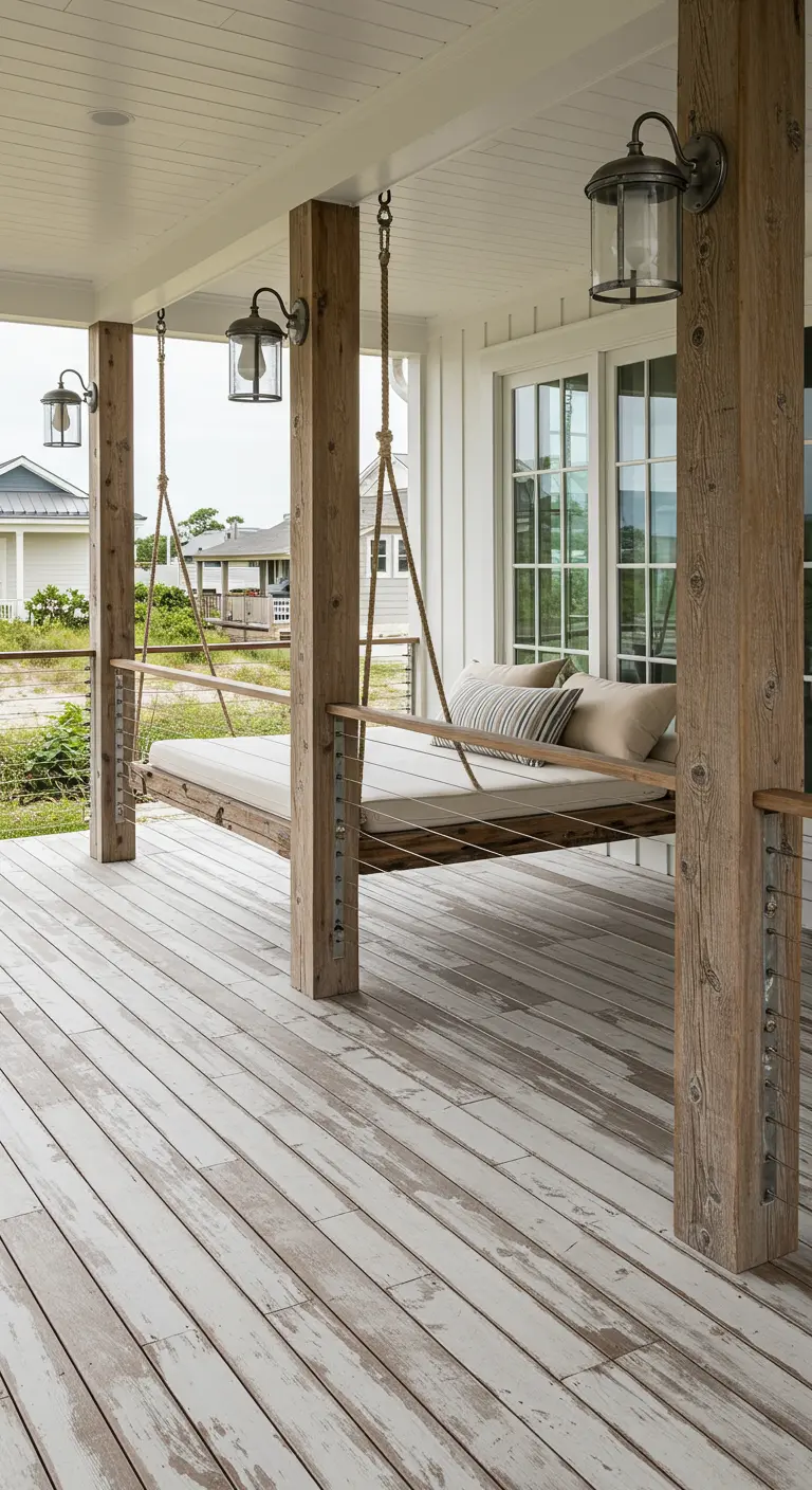 Cama columpio de madera suspendida con cables de acero en un porche con suelo decapado.