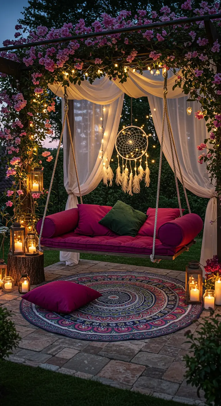 Columpio-sofá romántico decorado con flores, luces, cortinas y un atrapasueños por la noche
