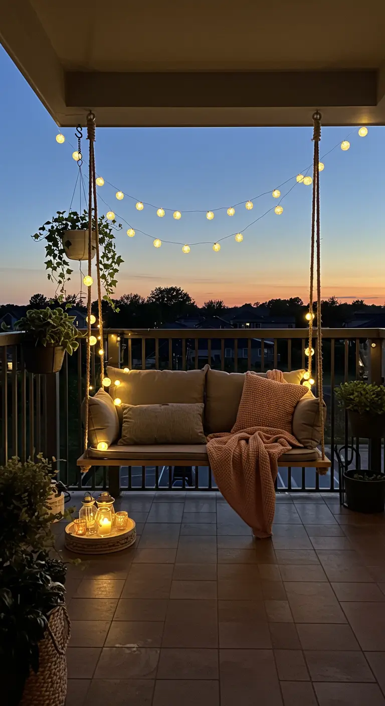 Sofá columpio en un porche al atardecer, adornado con cojines, manta y guirnaldas de luces.