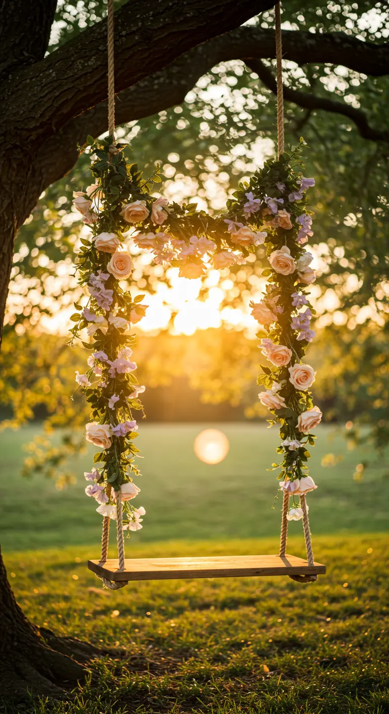 Columpio de madera en un jardín, decorado con guirnaldas de rosas al atardecer.