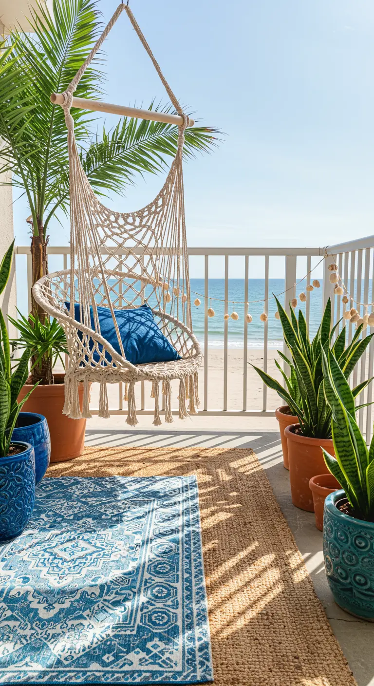Balcón soleado con un columpio colgante de macramé, alfombras superpuestas y plantas tropicales.