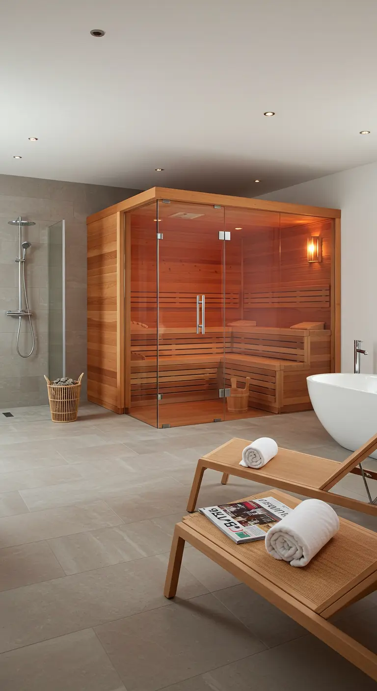 Baño de spa con sauna de cristal y madera, y dos tumbonas de madera con toallas blancas.