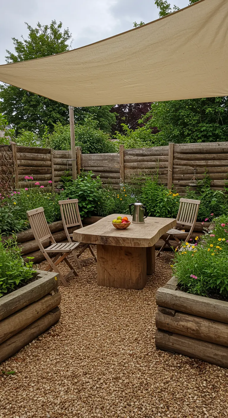 Zona de comedor exterior con una mesa de madera maciza y sillas rodeada de jardineras altas