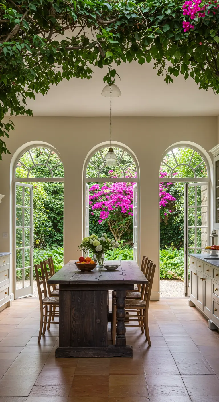 Comedor de cocina con tres grandes arcos que dan a un jardín con buganvillas.