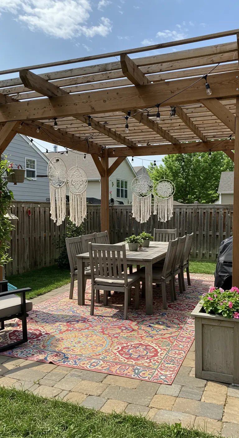 Comedor exterior bajo una pérgola de madera con atrapasueños de macramé y una gran alfombra colorida