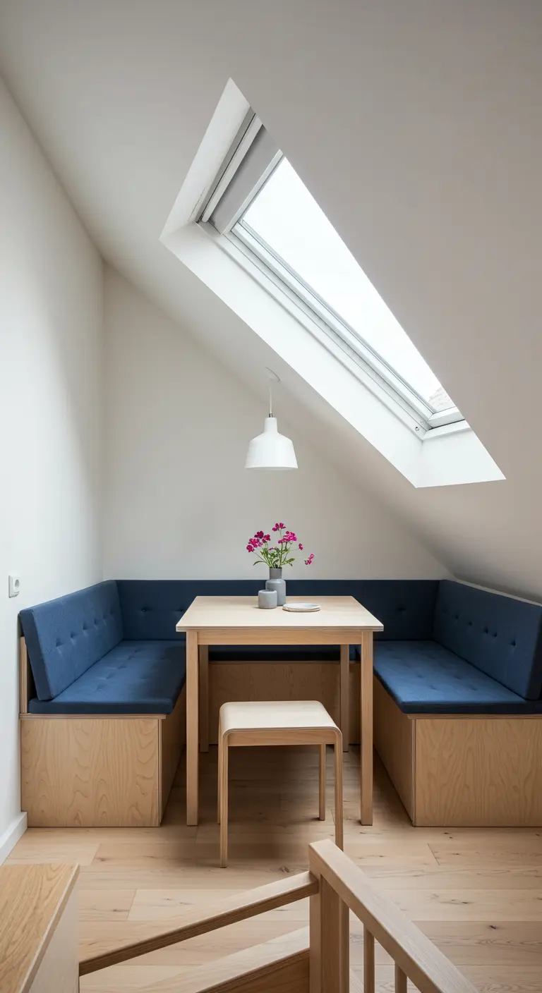 Comedor en un ático con banco esquinero de madera clara bajo una ventana de techo.