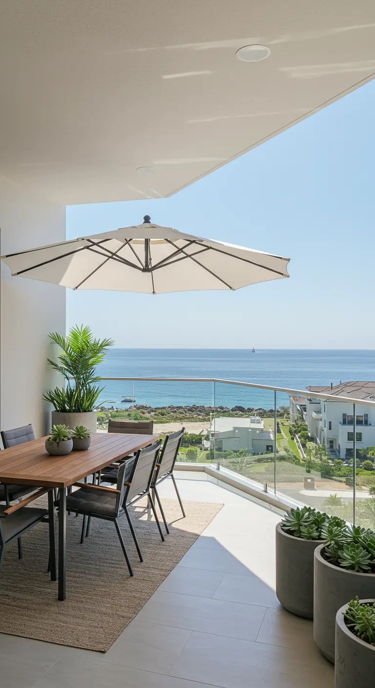 Balcón con vistas al mar, mesa de comedor de madera y sillas metálicas negras bajo una sombrilla