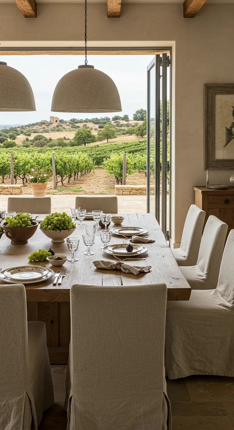 Comedor rústico con mesa de madera y vistas a un viñedo a través de una gran puerta de cristal.