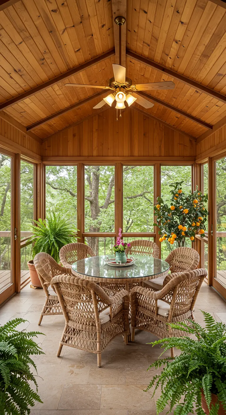 Comedor en un porche acristalado con techo de madera y rodeado de vegetación