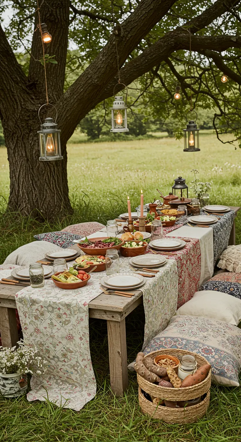 Picnic bohemio bajo un árbol con una mesa baja, cojines estampados y farolillos colgantes.