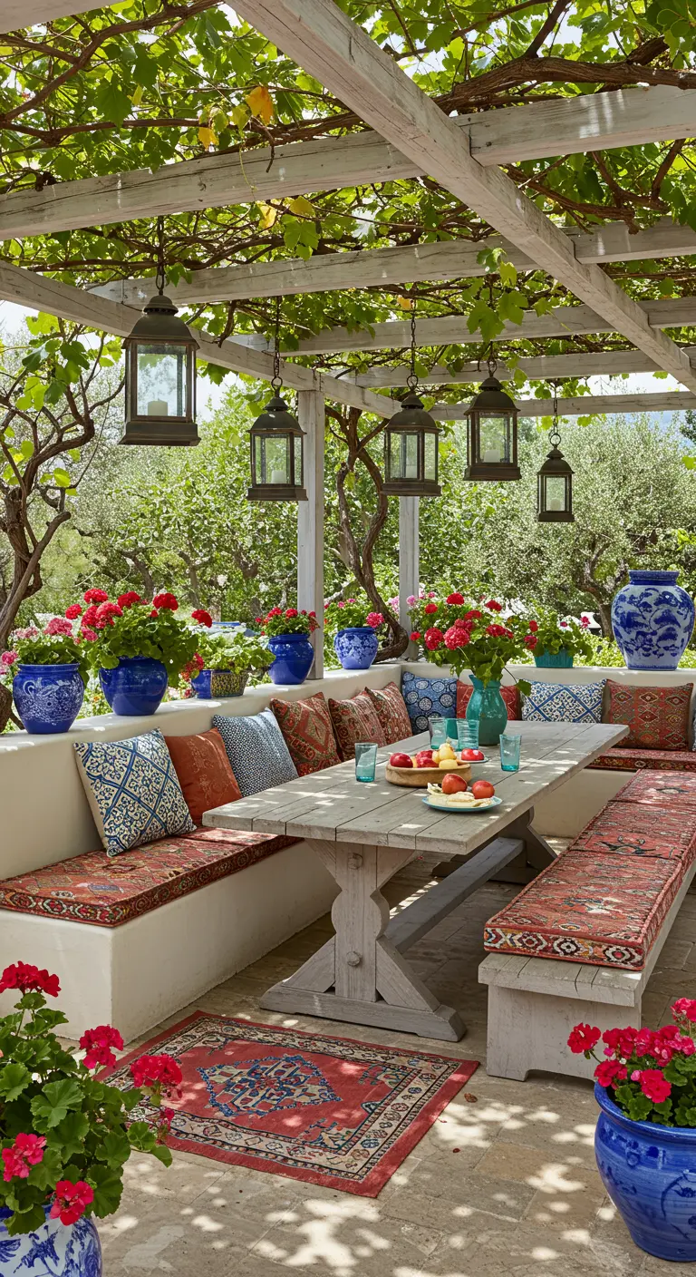 Patio mediterráneo con bancos de obra, cojines estampados, mesa de madera y macetas azules.