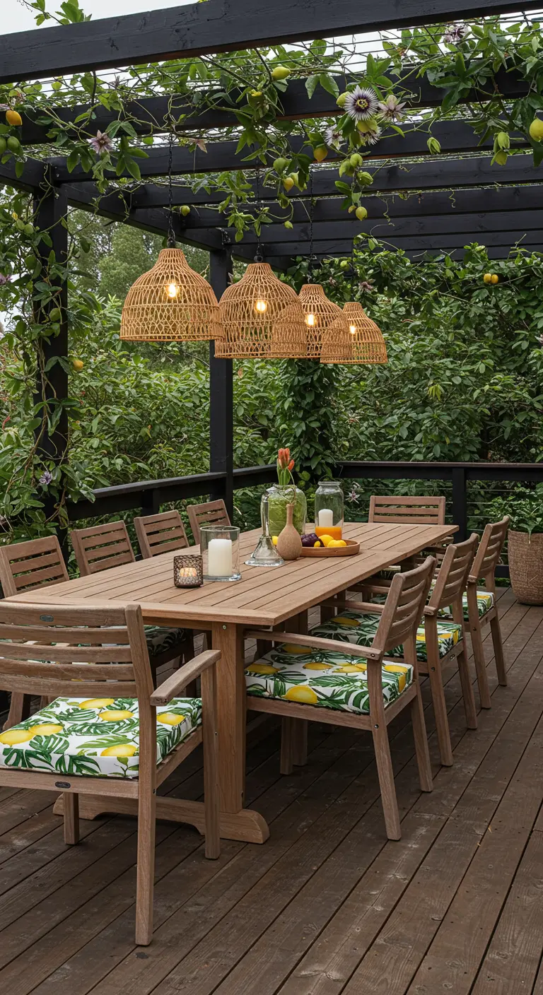 Comedor exterior en deck de madera con pérgola negra, enredaderas y cojines de limones.