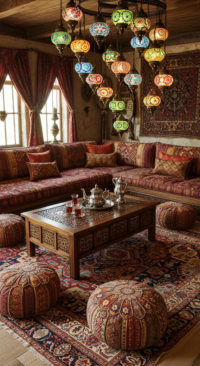 Sala de estar bohemia inspirada en un bazar turco con múltiples lámparas de mosaico y textiles coloridos.